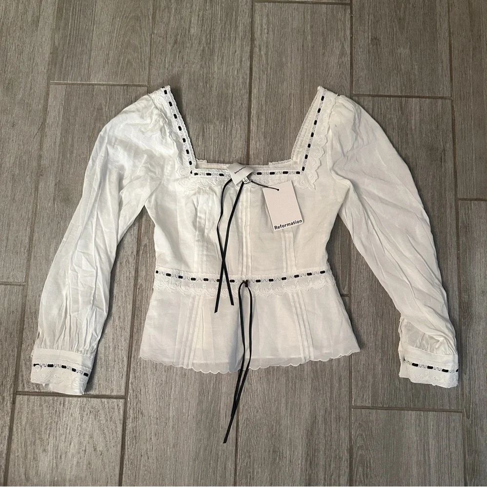 Reformation White Peasant Blouse with Black Trim